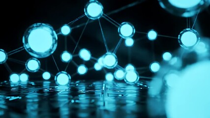 Abstract Technology Network with Glowing Blue Spheres on Dark Reflective Surface - Powered by Adobe