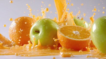 Fresh fruit juice splash oranges apples healthy drink concept