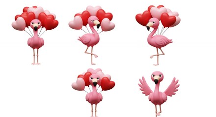 Pink flamingo with heart balloons illustration set
