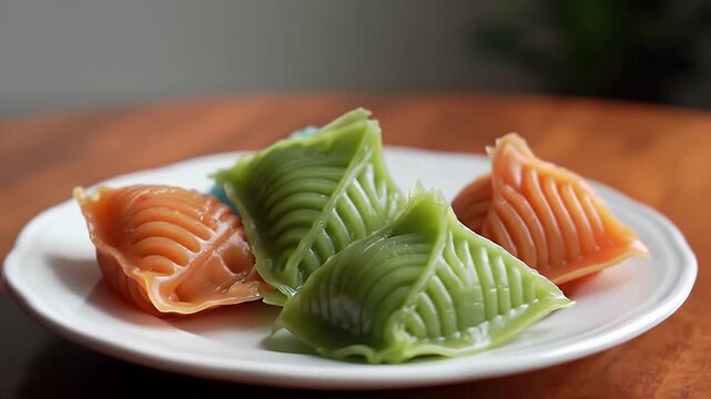 Colorful Kue Bugis Delightful Trio of Traditional Indonesian Sweet Cakes Exhibiting a Leaf-Shaped Design in Blue Green and Orange on a White Plate Displayed on a Rich Wooden Table Background Suitable