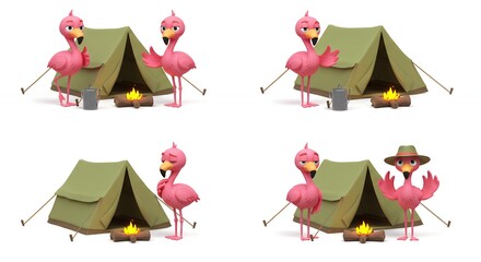 Pink flamingos and camping tent illustration