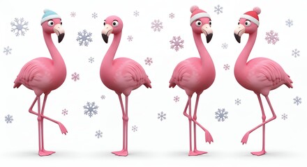 Pink flamingos in holiday hats with snowflakes