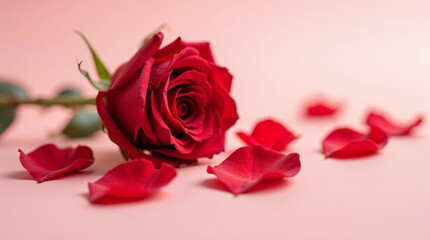 Red rose close-up on soft pink background, for Valentine’s Day and romantic themes
