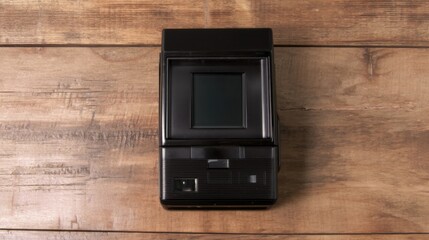 A black instant camera rests on a rustic wooden surface,