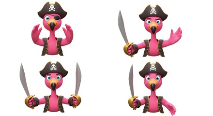 Pirate flamingo character illustration set
