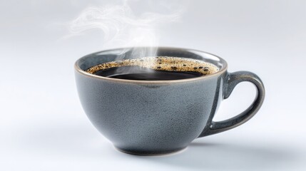 A steaming cup of black coffee beverage on a white background