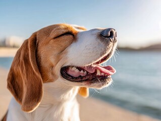 A Beagle dog with closed eyes, mouth open, enjoying the fresh air by the water.