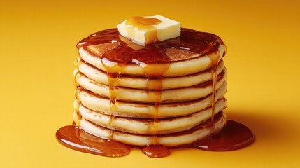 Stack of pancakes with butter and maple syrup food
