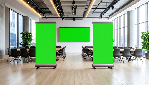 Modern Conference Room with Green Screen Displays, High-Rise Meeting Space with Floor to Ceiling Windows