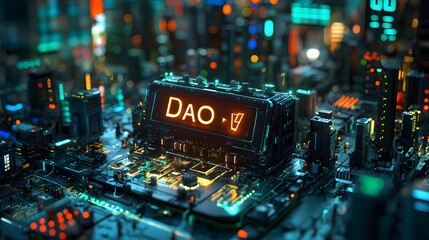 Futuristic digital cityscape with illuminated blockchain technology and cryptocurrency sign showing DAO concept in neon lights and glowing skyscrapers
