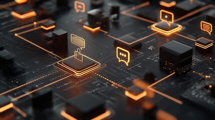 Digital communication network with glowing icons on a dark circuit board