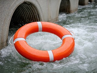 Orange life buoy floats in turbulent water, near concrete discharge pipes of a dam.
