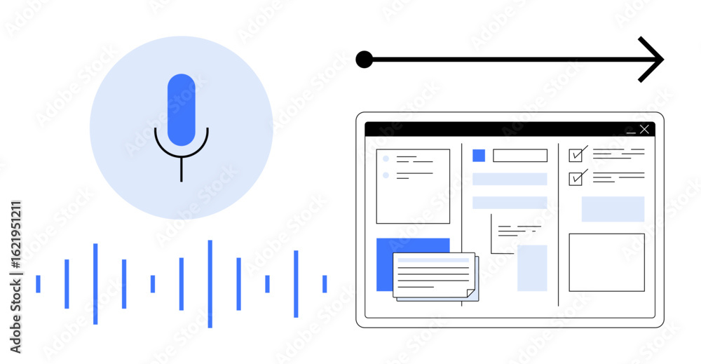 Poster microphone icon with sound waves, arrow indicating process flow towards a digital dashboard with tas