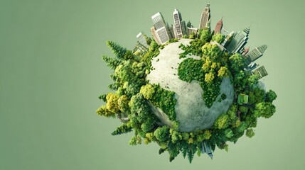 Eco friendly earth globe with green trees and modern city skyline