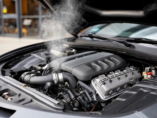 Fototapeta premium Steam rising from a car engine, indicating potential overheating issue, engine compartment with visible steam or smoke.