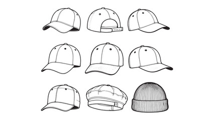 Collection of Baseball Caps and Beanies in Hand Drawn Style for Sportswear Design