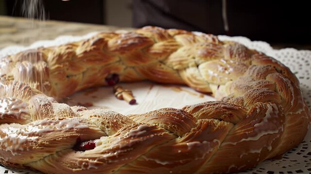 Delicious Braided Rosca De Reyes Garnished with Icing Sesame Seeds and Candied Fruit on White Doily Perfect for Bakery Pastry and Culinary Promotions A Traditional Epiphany Treat