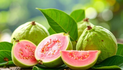 Vibrant guava fruit, cut and whole.