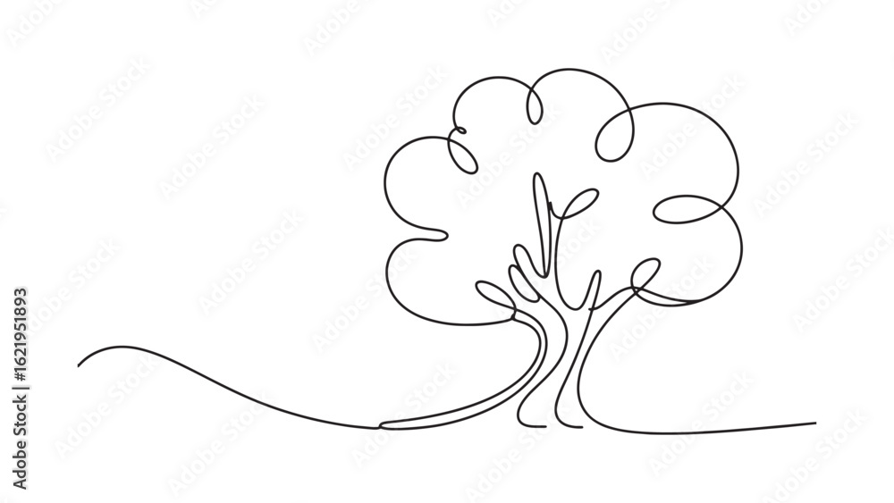 Poster single continuous line drawing of tree with curly branches on transparent background