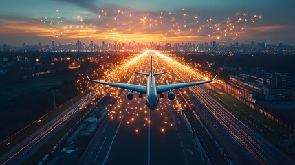 Futuristic airplane flying over a city at sunset with glowing light trails and digital network connections in the sky