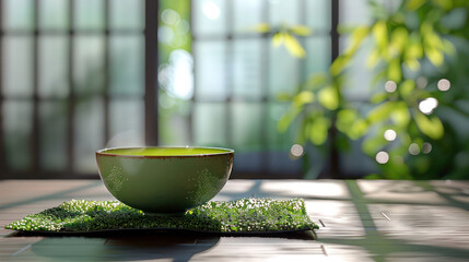  a modern square-shaped tea cup with green tea, sitting on a white background, minimal style, 