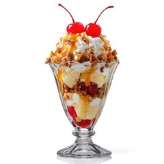 Delicious ice cream sundae with cherries caramel and whipped cream