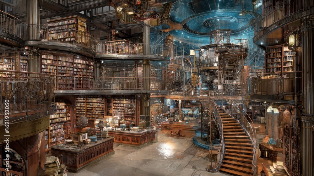 Poster an intricate, multi-level library with steampunk elements.