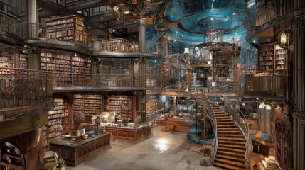 An intricate, multi-level library with steampunk elements.