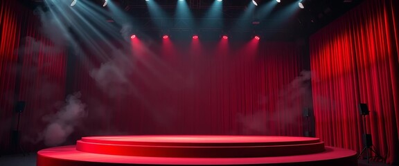 Empty dark red podium, projector lights, smoke, copyspace,  luxury,  advertising