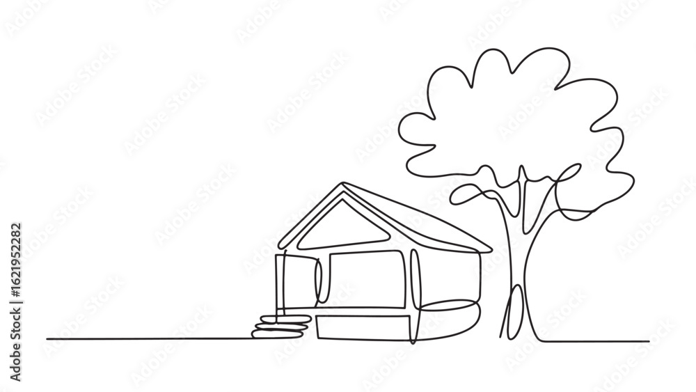 Poster continuous line drawing of a house and tree simple outline architecture nature