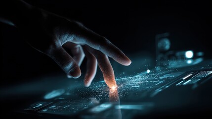 Hand interacting with digital interface, technology and innovation concept