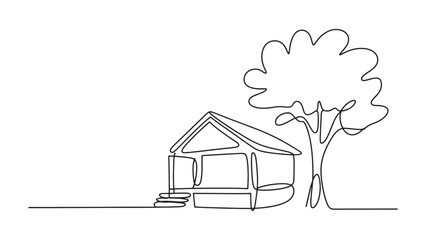 Continuous Line Drawing of a House and Tree Simple Outline Architecture Nature