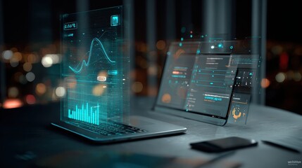 Futuristic laptop displaying data analytics with glowing interface elements