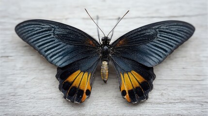 Black and orange butterfly wings spread on white wood surface