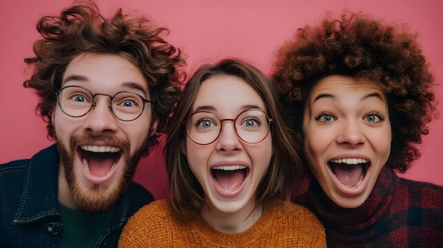 Diverse friends reacting with excitement to content on a shared digital display