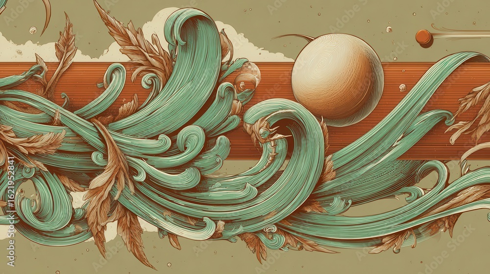 Poster intricate, flowing design with organic forms and a celestial element.