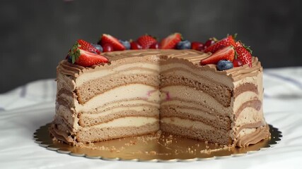 Delicious Joffre Cake Slicing Display Featuring Fresh Strawberries and Blueberries on a Golden Base over White Cloth Perfect for Bakery Promotions with Layered Chocolate and Creamy Texture High Angle - Powered by Adobe