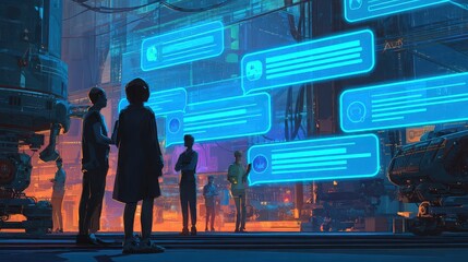 Futuristic city with glowing chat bubbles and people observing, technology