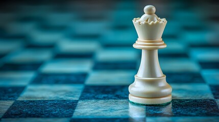 Close-up of a white king chess piece on a blue and black checkered chessboard, symbolizing leadership, strategy, and victory in competitive gameplay