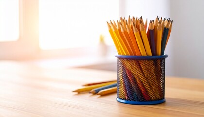 Colorful pencils in a metal pencil holder on a wooden desk, bathed in natural light.