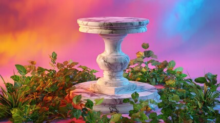 Marble pedestal product display stand with floral arrangement art