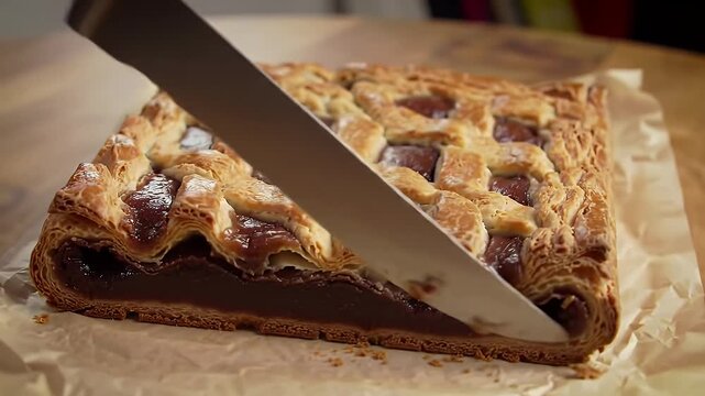 Delicious Linzertorte Pastry with Lattice Crust and Chocolate Filling Displayed on a Rustic Wooden Table Perfect for Bakery and Sweet Treats Promotions Under Professional High Angle Lighting that