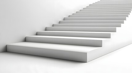 Minimalist white staircase with smooth clean lines ascending against a plain white background