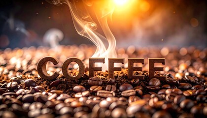 挽きたてコーヒー豆にCOFFEEの立体文字　generative ai