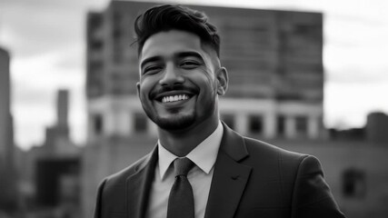 Confident young entrepreneur with city skyline, radiates positive and professional energy