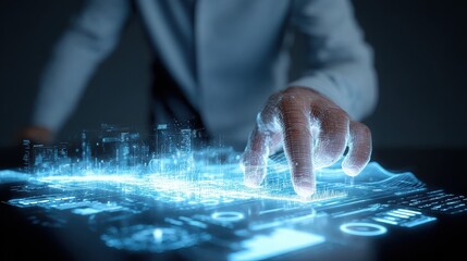 Digital interface with hand interacting with glowing data and city