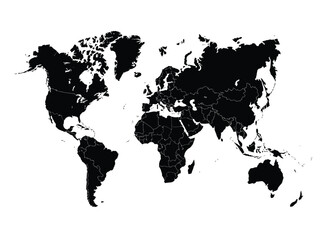Black and white world map showing continents and country borders