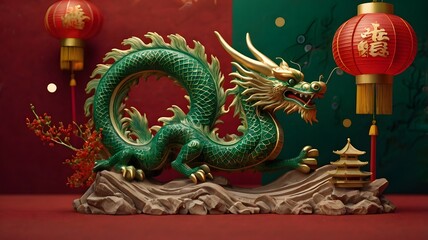 Obraz premium Green dragon sculpture with lanterns and traditional elements