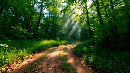Sunbeams lighting dirt road through lush green forest
