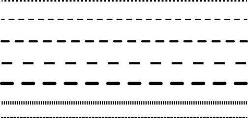 Dashed Line Styles – Set of 7 Stroke Variations Showcasing Different Dash Lengths and Gaps for Technical, UI, and Decorative Applications